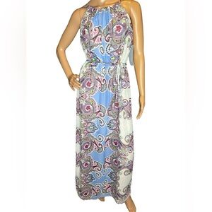 London Times Halter Printed Floral Boho maxi Key Hold dress with tie belt Size 4